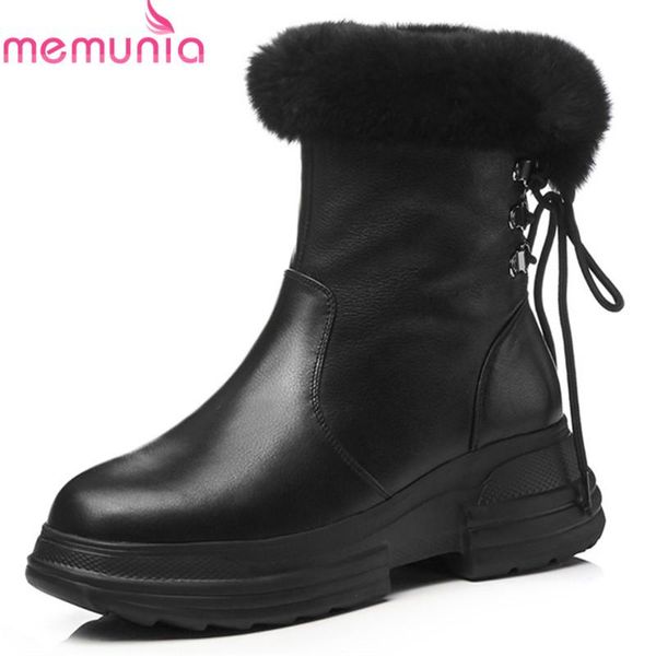 

memunia 2020 ankle boots for women genuine leather boots zip+lace up fashion platform shoes snow, Black