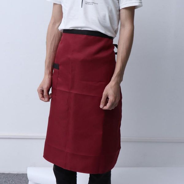 

durable short waist apron with pocket for chef waiter waitress (red, black belt)