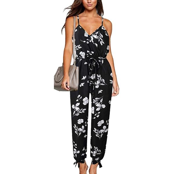 

new women's print v neck halter lacing fashion summer beach party jumpsuit enterizos para mujer largos elegantes t200509, Black;white