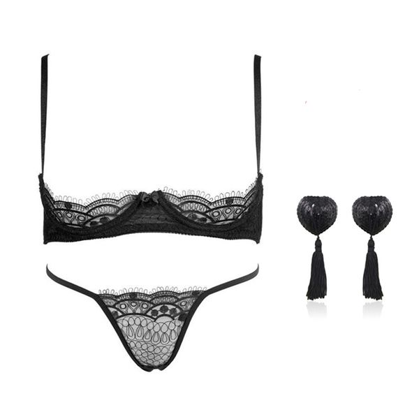 Schwarze Wimpern Spitze Frauen Unterwäsche Versuchung Dünne Offene BH Höschen Set Dessous Stickerei Bralette Panty Dessous Sets Y200708