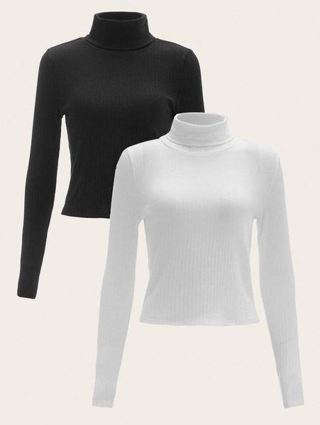 

2pcs high neck rib knit tee l8np#, White