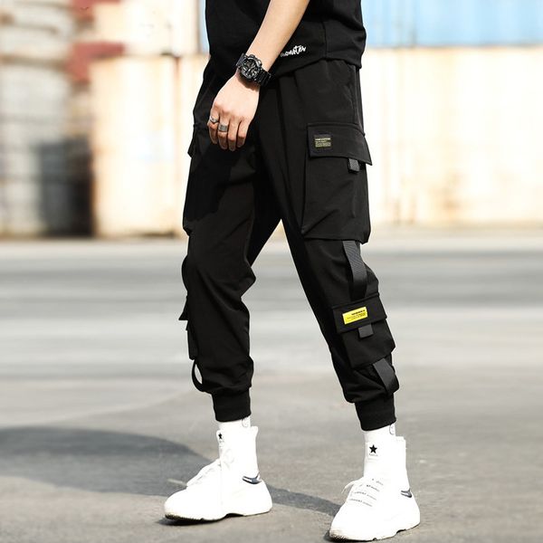 

2021 new streetwear black harem elastic waist punk with ribbons casual slim jogger pants men hip hop trousers size m-3xl rqgk