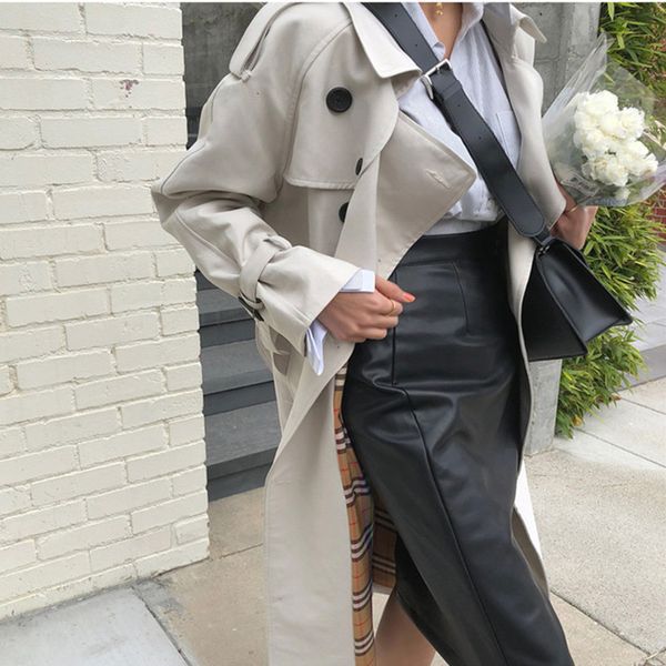 

fashion korean style oversized women's trench coat double-breasted with belt office lady long windbreaker spring autumn, Tan;black