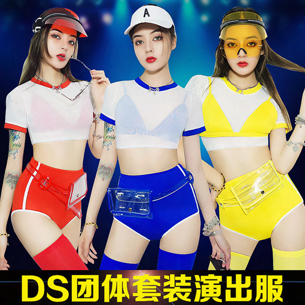 

gogo dance costume female jazz dance stage wear performance clothes hip hop cropped cheerleading singer dj ensemble femme, Black;red