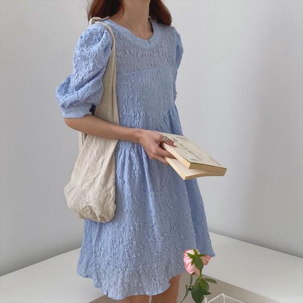 

women summer 2020 vintage ol solid brief chiffon sweet girls pleated puff sleeves new elegance cute dresses, Black;gray