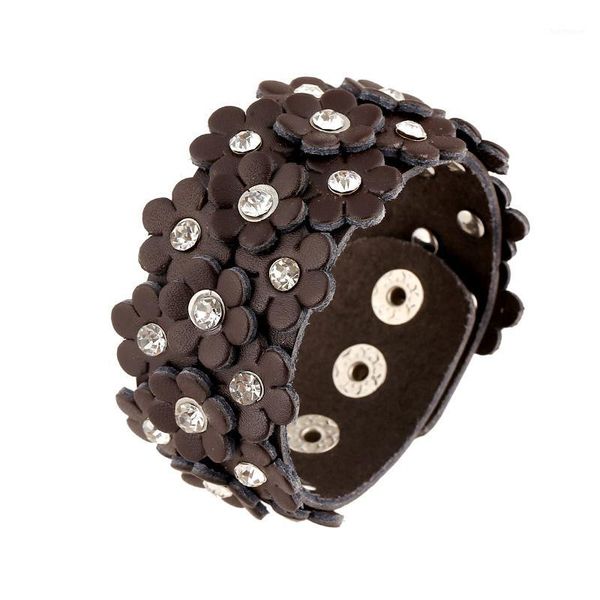 

2020 women fashion jewelry 3cm wide genuine leather flower rhinestone wrap bracelet vintage brown hand strap ladies accessories1, Golden;silver