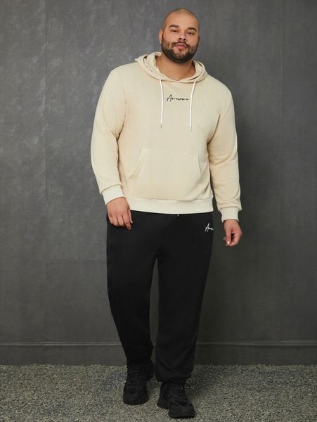 

extended sizes men letter graphic kangaroo pocket drawstring hoodie & sweatpants 18vn#, Gray