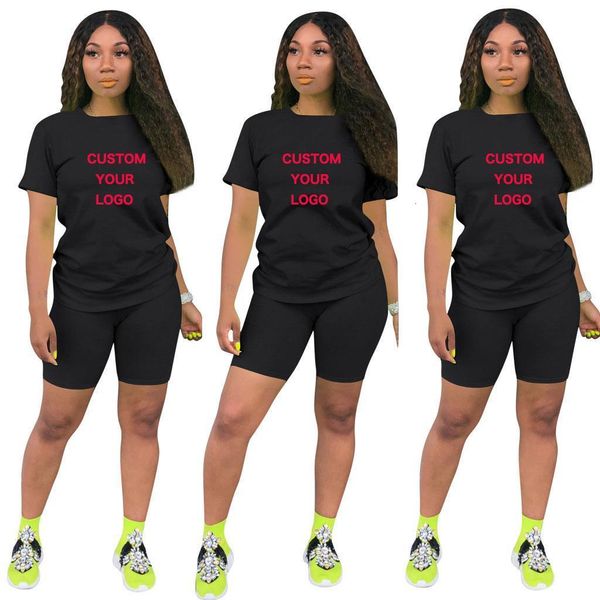 

custom your logo t shirts and shorts two piec set summer women short sleeve o-neck casual 2 piece joggers biker shorts outfit, Gray
