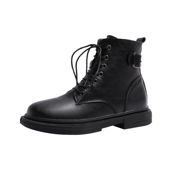 

boots solid leather motorcycle warm plush winter ankle lace up buckle thick bottom square heels platform plus size, Black