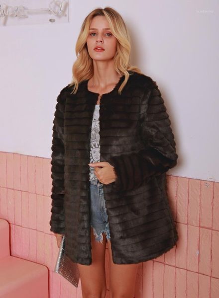 

women faux fur coat casual fluffy warm fur winter coat women long sleeve o neck brown ladies jackets coats 2019 autumn new mujer1, Black