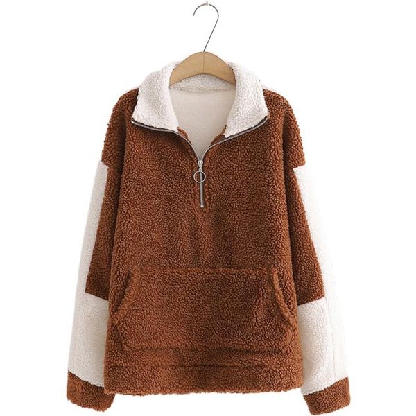 

lamb wool coat women winter 2021 long sleeve turndown collar pocket jacket female casual patchwork outwear, Black;brown