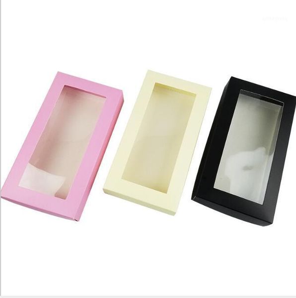 

21*11*3.5cm large black white cover paper packing box with plastic pvc window wig gift wallet tie packaging paper carton box1