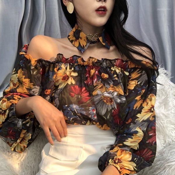 

women's blouses & shirts slash neck off shoulder blusas women 2021 spring summer flower long sleeve blouse vintage lady chemise1, White