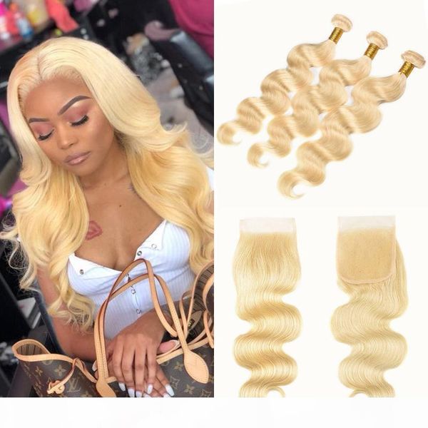 

peruvian cuticle aligned hair 613 blonde bundles with closure body wave human hair 4*4 lace closure with 3 bundles 100g pc 10-24 inch, Black;brown