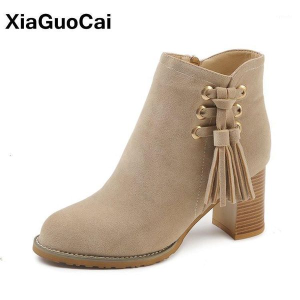 

boots spring autumn woman tassel high heels women's shoes flock leather female ankle fashion non-slip quality1, Black