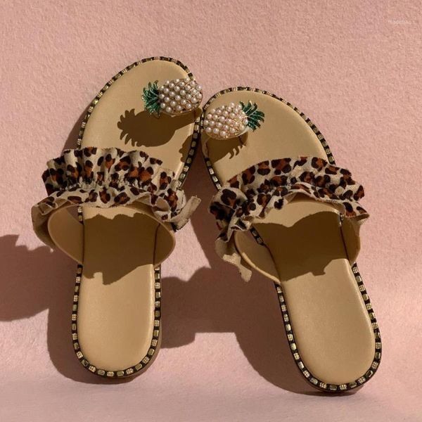 

slippers women summer flat bottom ladies fashion leisure leopard print pineapple pearl flip flops plus size 35- 431, Black