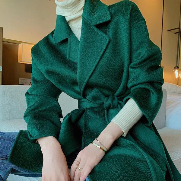 

women's wool & blends autumn and winter 2021 water ripple double faced woolen overcoat short loose small thin women, Black