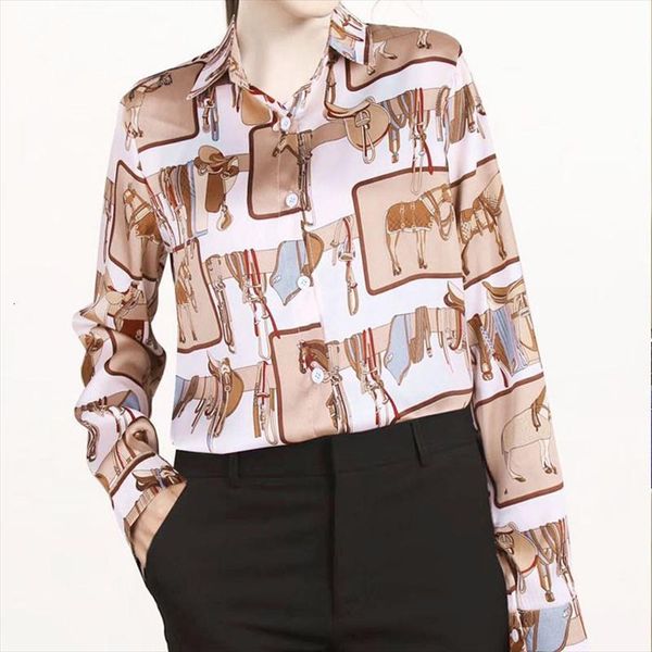 

2021 retro chic cartoon horse print shirt women loose casual lapel shirts loose single breasted long sleeve blouse, White