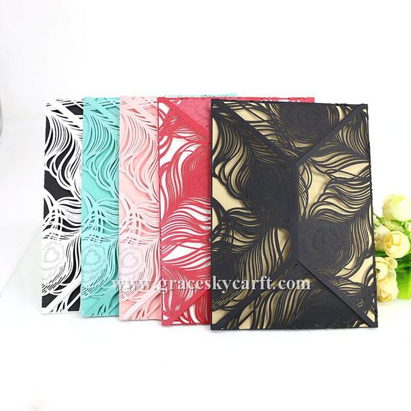 

30pcs hollow feather design laser cut party supplies birthday wedding party invitations cards rsvp folding cards