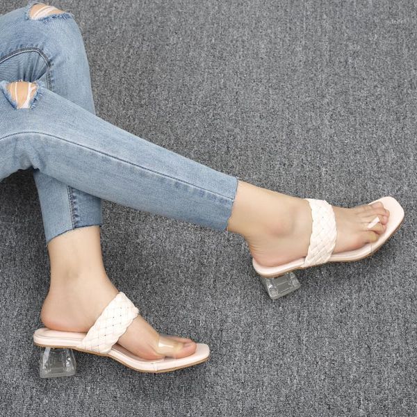 

for new summer 2021 one-word sandals and slippers summer transparent thick heel mid-heel slippers woven fairy style1, Black