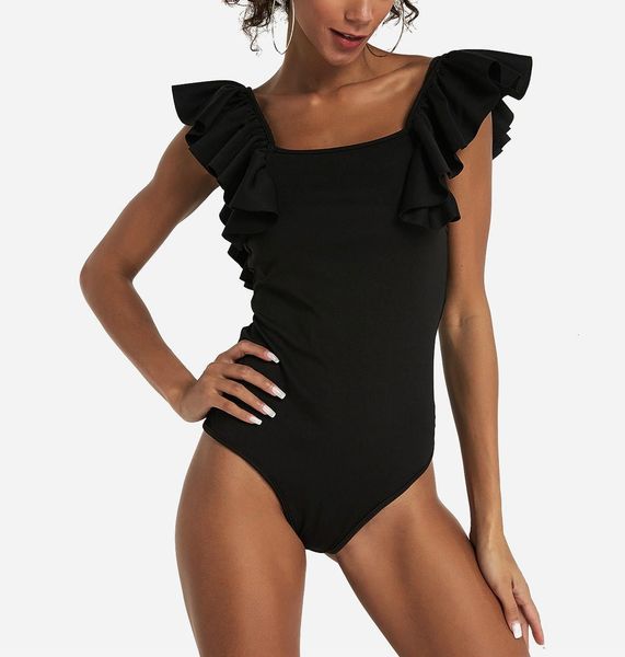 

2019 new brand spring summer short sleeve women ruffled flared sleeve bodysuit jumpsuit body leotard 8- 14, Black;white