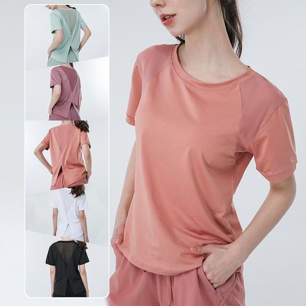 

fitness women loose yoga clothes summer thin mesh breathable quick-drying running sports short-sleeved t-shirt, White;red