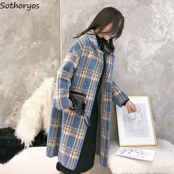 

wool blends women plaid large pocket winter turn-down collar womens outwear fashion loose all-match cute leisure thickening insx1020, Black