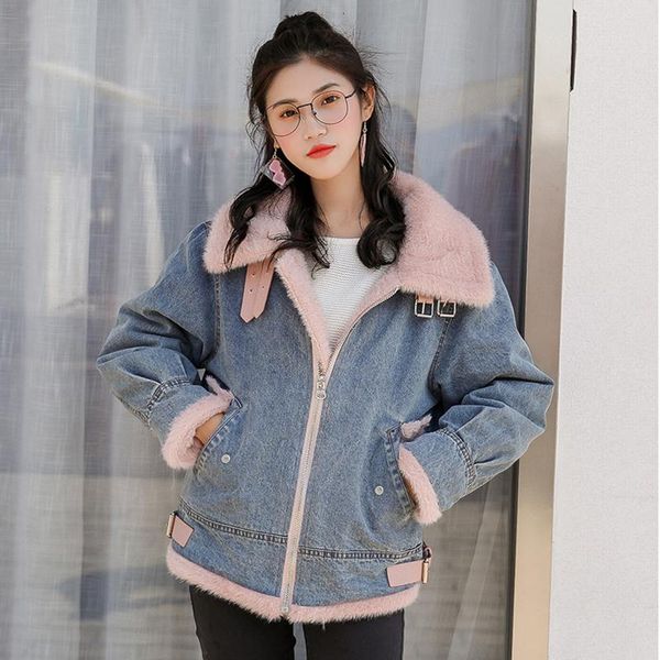 

women's jackets winter lamb cashmere denim bomber jacket for women warm velvet wool liner jean fur collar thick streetwear coat female, Black;brown