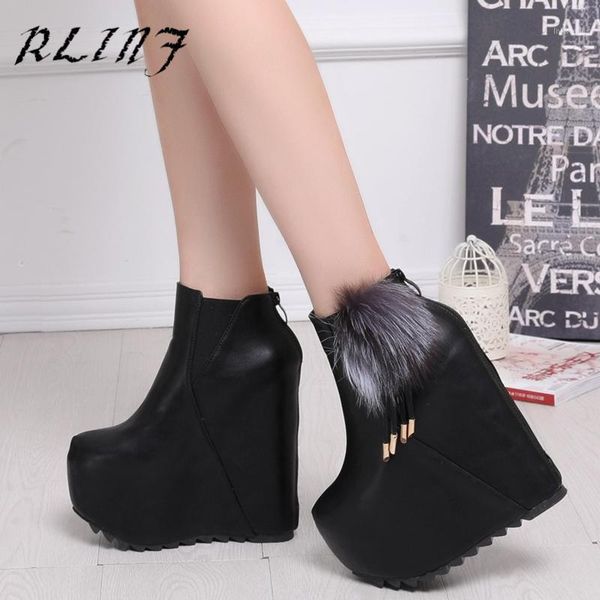 

boots rlinf wedges shoes women's autumn and winter fur ball 16cm thick boots1, Black