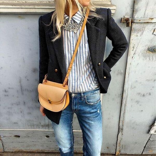 

fashion coat winter women jacket turn down collar solid button coat casual lady slim elegant woolen blends outerwear clothes s241, Black