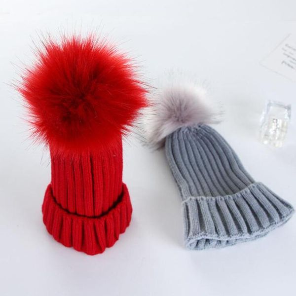 

female cute furry pompom poms winter hat for women girl 's hast knitted beanies solid color cap thick skullies beanies bonnet, Blue;gray