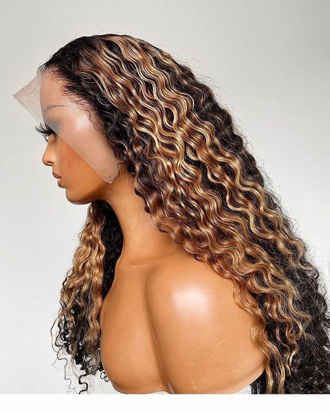 

highlight lace front human hair wigs ombre honey blonde lace front wig pre plucked water wave wig 5x4 pu scalp added, Black;brown
