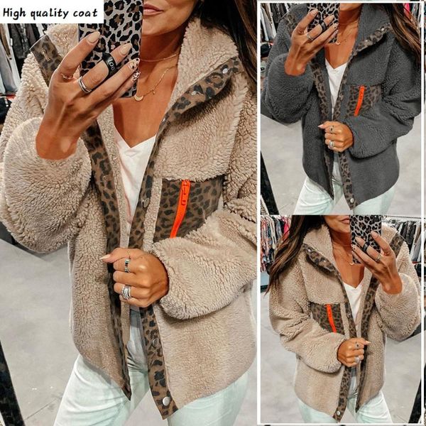 

fuax winter fur jacket coat leopard patchwork buttons lazy fluffy plus size teddy coat women plush casual overcoat, Black