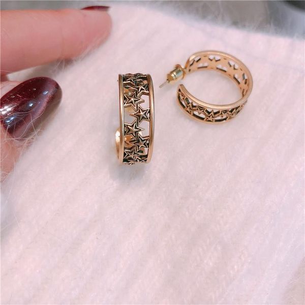 

korean version of fashion retro do old hollow five-point star earrings net red fashion large earring earrings, Golden;silver