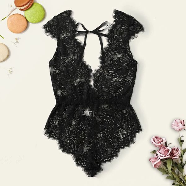 

new women v-neck eyelash floral lace teddy bodysuit nightwear jumpsuit sling camisola fashion black lingerie, Black;white