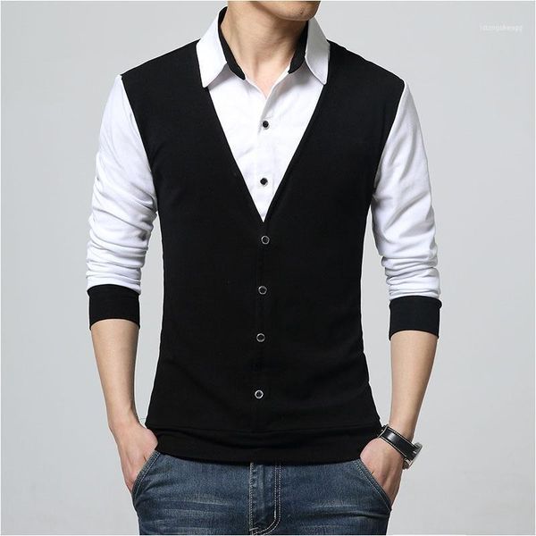 

browon autumn mens t shirts fashion 2017 fake two clothing cool t-shirt men long sleeve t shirt casual male11, White;black