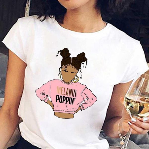 

melanin black girl tshirts korean kawaii cartoon short sleeve womens shirt summer casual printed clothes female tee, White