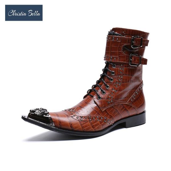 

christia bella business men formal party shoes british style men lace up metal toe shoes office fashion rivets boots, Black