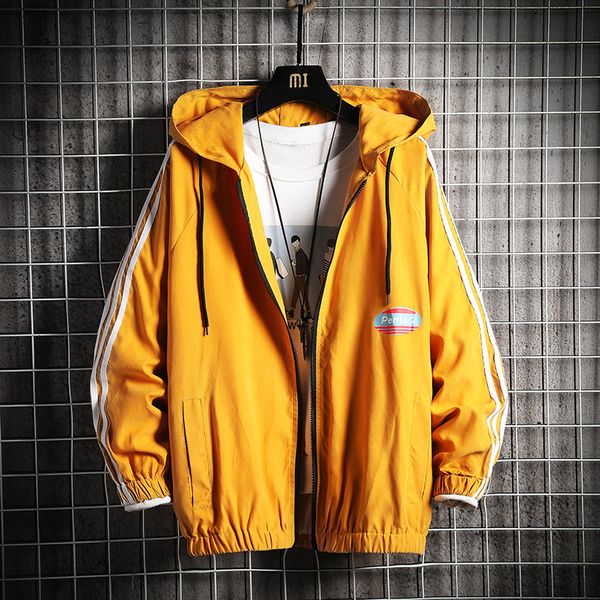 

mens hooded jacket men yellow side striped windbreakers coat korean hip hop japanese streetwear harajuku jackets kg-66, Black;brown