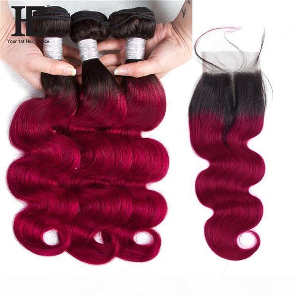 

hc ombre bundles with closure 1b burgundy two tone ombre hair weave brazilian body wave 3 bundles pack with lace closure middle part, Black;brown