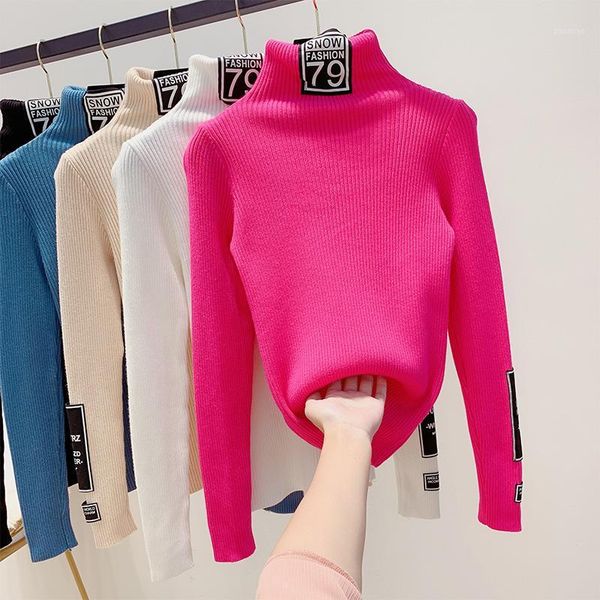 

letter patch sweater thickened high-collar sweater female autumn winter body pullover knitted shirt long sleeve jumper women1, White;black
