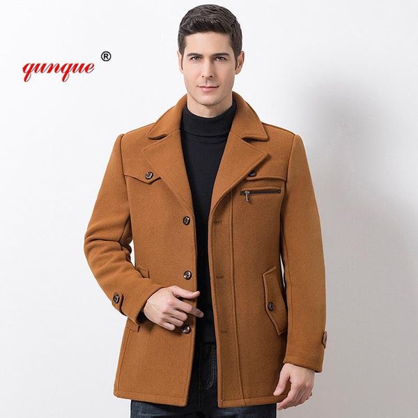 

qunque 2020 winter men's casual wool windbreaker fashion business medium thickness slim windbreaker coat men's thick coat, Black