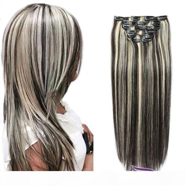 

thick end 70g 100g set panio color blonde ombre hair extensions clip ins straight brazilian remy human hair highlight 1b 613 clip in weave, Black;brown
