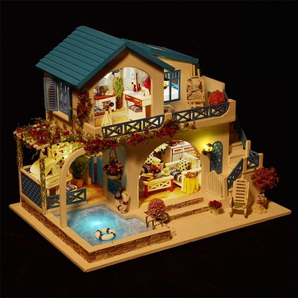 

3d handmade doll house wooden diy miniatura doll houses furniture kit diy puzzle assemble dollhouse toys led light birthday gift y200413