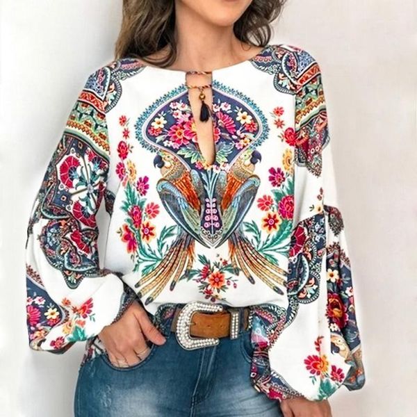 

2020 casual vintage shirt blouse women floral printed lantern sleeve plus size women and blouse v neck blusas mujer de moda1, White
