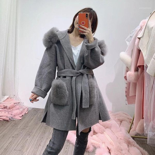

spring loose wool blended coat with real fur hood trimming women plus size winter real wool jacket outwear frim pocket1, Black