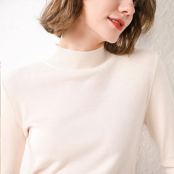 

winter 2020 new korean fashion solid color temperament sweater women half high neck thick loose pullover d0131, White;black
