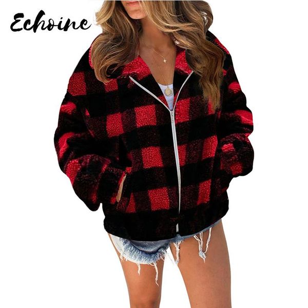 

red plaid/leopard print sherpa jacket coat 2020 winter fashion casual turn down collar zipper up plus size 2xl coat with pockets, Black