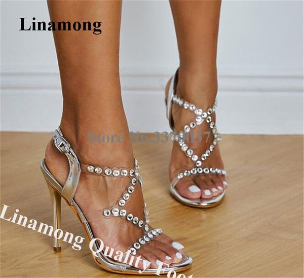 

sandals linamong bling rhinestone clear pvc stiletto heel silver patchwork diamond high wedding dress heels, Black
