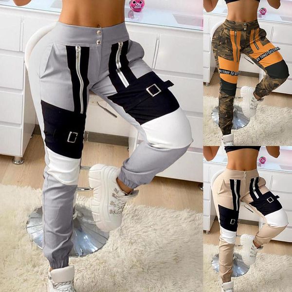 

women's pants & capris women high waist color block button zipper cargo sweatpants long trousers workwear sports running, Black;white
